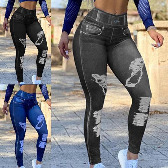Strečové fitness kalhoty s vysokým pasem, distressed imitace džínů, kalhoty na cvičení pro jógu, zvedající hýždě