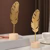 jijijing Metal Leaf Ornaments, Gold Palm Leaf, Ginkgo Feather Statue with Wood Base, Modern Desktop Sculpture for Living Room, Bookshelf, Office Desk