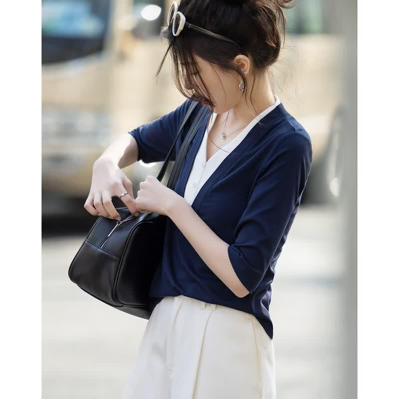 Women s Ribbed V-Neck Color Block Slim-Fit T-Shirt L