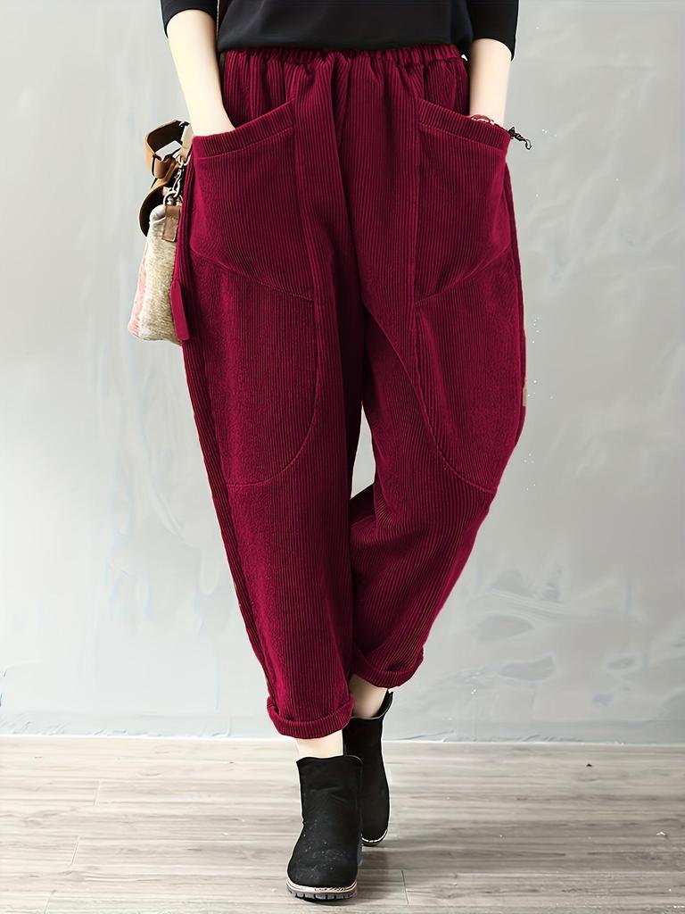 European & American Women's Corduroy Pants - Elastic Waist, Pocketed, Loose Fit, Tapered Leg, 2026 Autumn/Winter Collection