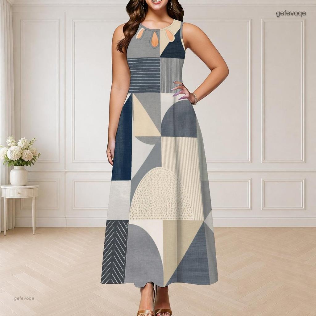 Women Plus Size Round Neck Triple Keyhole Sleeveless Geometric Printed Long Dress