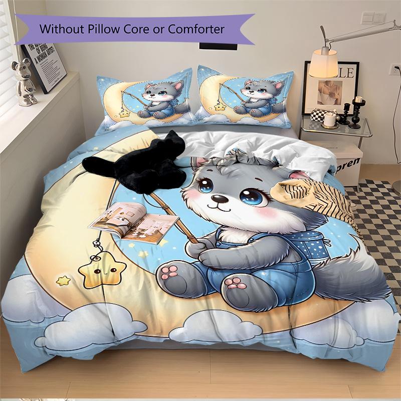 3pcs Little Wolf Fishing for Stars Printed Quilt Set - Includes 1 Quilt Cover and 2 Pillowcases, Machine Washable - Suitable for All Seasons.M071