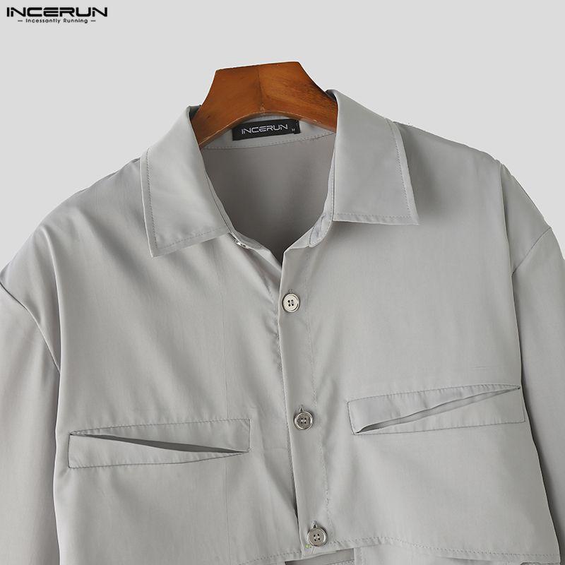 INCERUN Men Lapel Neck Long Sleeve Lace-up Cropped Short Shirts