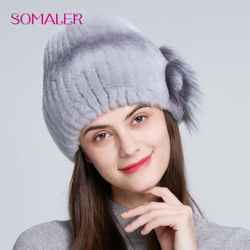 Зимняя вязаная женская шапка с мехом кролика на подкладке — фото 9