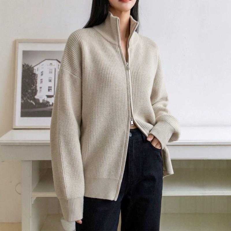 Cárdigan Grueso de Punto para Mujer, Cuello Semi Alto con Cremallera, Manga Larga, Top Casual