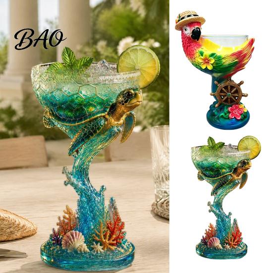 Hand Painted Resin Animal Figurine 3D Tropical Ocean Theme Glass Cup, Art Parrot And Beach Party Table Centerpieces Turtle Design, Decorative Colorful