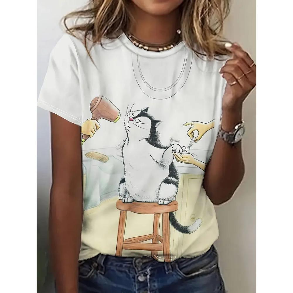 Funny Women Animal Graphic Print Summer Round Neck Short Sleeve Top Outdoor Oversized