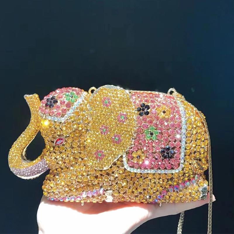 Elephant Style Evening Purse Clutches Pink/Yellow Rhinestone Crystal Women Wedding Bridal Handbags Girls Rhinestone Purses