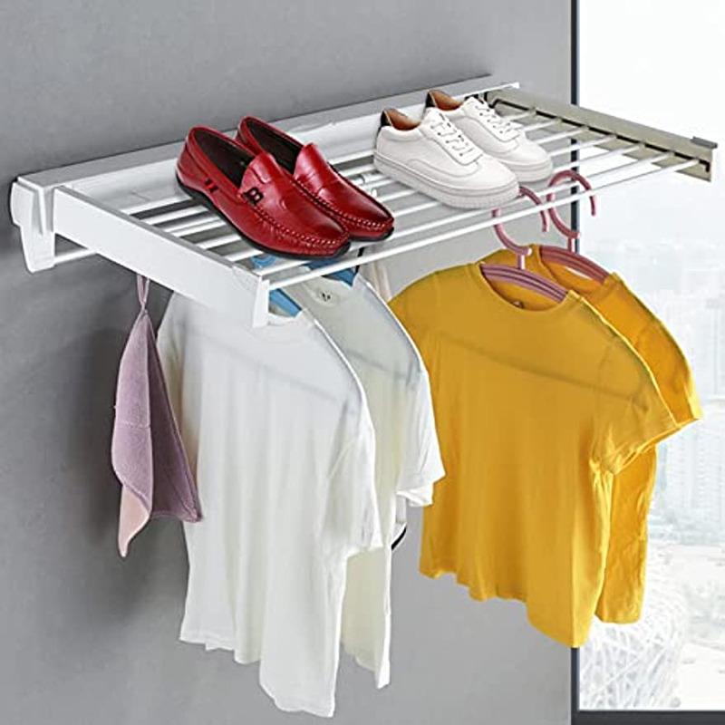 Modern Minimalism Folding Rack Clothes Laundry Rack Collapsible Wall Mounted Hanger 7 Drying Rods Shelf