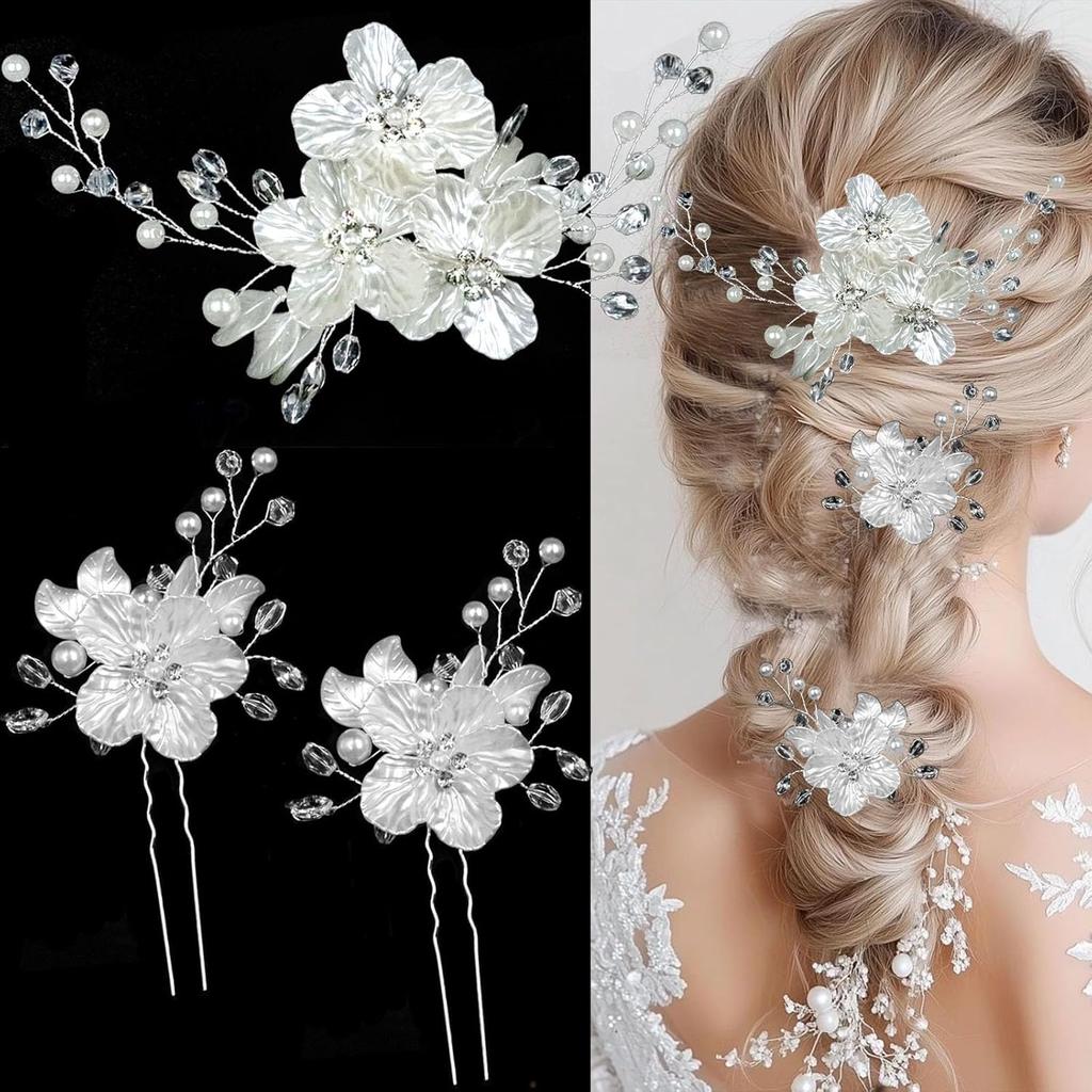 3-Piece Handmade Fabric Flower Crystal Hair Accessories Set for Bridal Wedding Styling / Photo Shoots / Evening Gown Matching