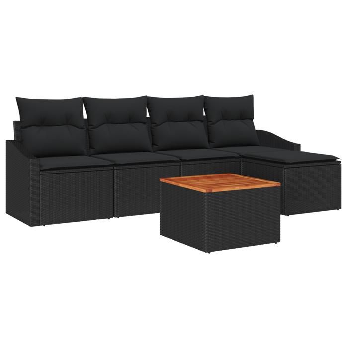 VidaXL Ensemble de Canapés de Jardin 6 pièces avec Coussins Noir Rotin Acacia 3347821