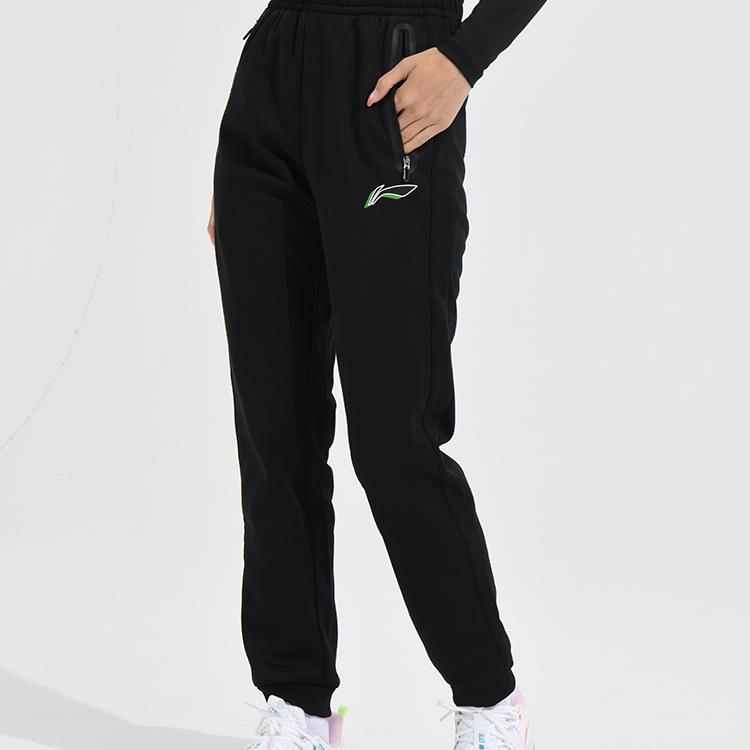 Li Ning Badminton Series Solid Color Logo Print Cuffed Fleece Casual Sports Pants Women bottoms Black AKLS986-2