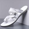 Men Black Leather Slippers Simple Flats Summer White Outdoor Brown Open Toe Wide Head Beach Shoes Plus Size