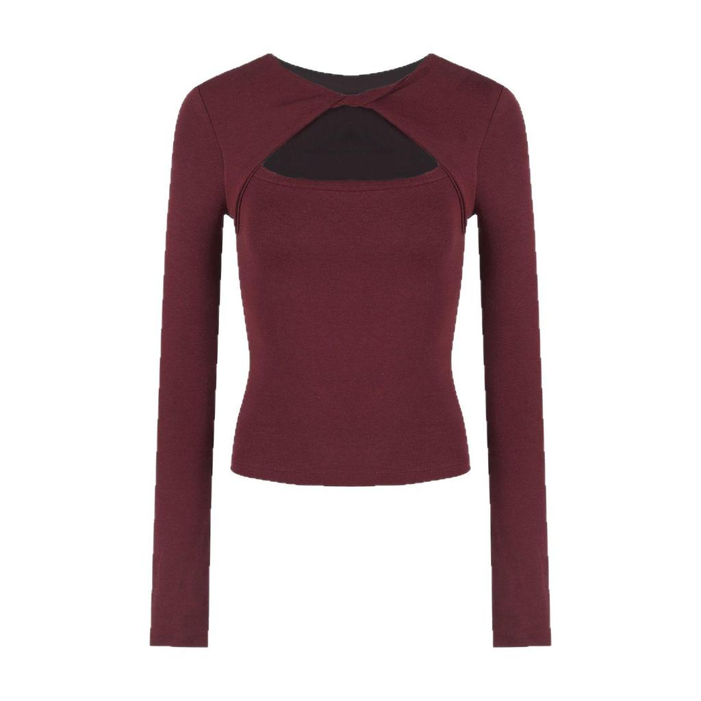 Spicy Desire Red Knotted Slim Long Sleeve Christmas T-shirt with Hollow Collar