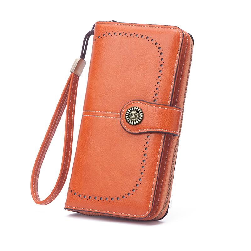Women's Retro Oil Wax Leather Long Wallet - Hollowed-out Design, Multi-functional, Large Capacity Phone Bag