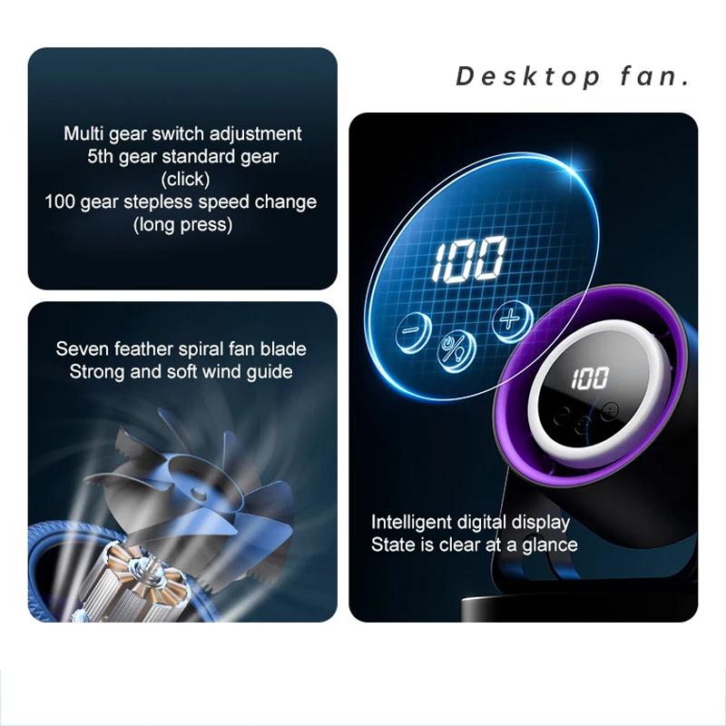 Desktop Bladeless Electric Fan, USB Rechargeable with Ambient Light, Silent Turbo Fan, 100 Speed Air Cooler