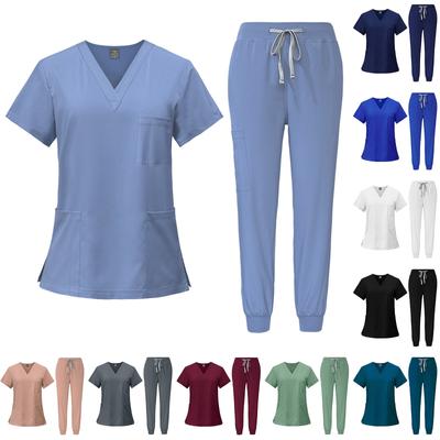 Women's Quick Drying Fabric Solid Color V-neck Pocket Short Sleeved Pants Set Workwear