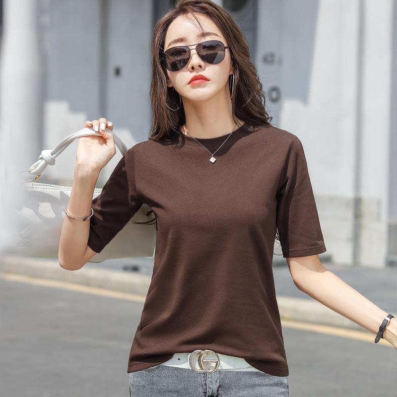 Letní dámské tričko s kulatým výstřihem Jednobarevné tričko se středním rukávem Jednoduchý top