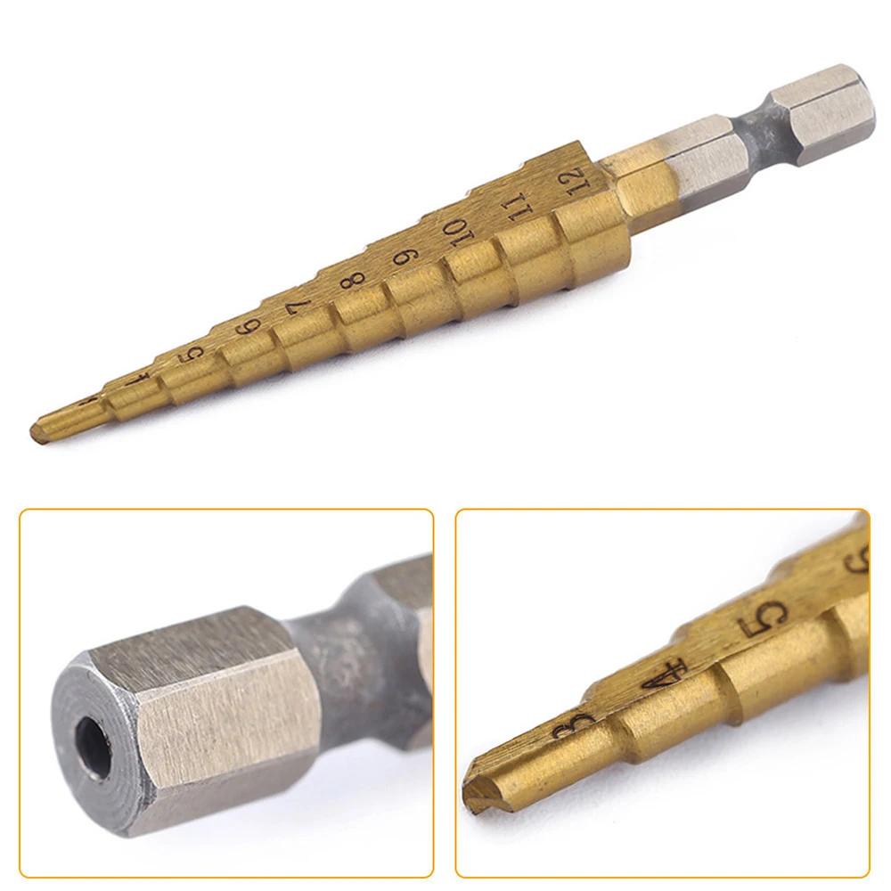 Metal Drill HSS Hex Shank Straight Groove 3-12MM Small Size Step Drill Bit Cone Cone Coated Woodworking Power Tools