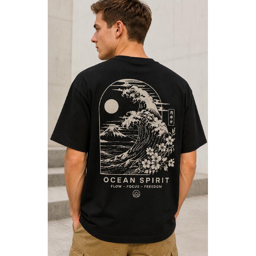 Men's Black Graphic Tee with Japanese Wave & Mountain Print, Relaxed Fit Short Sleeve Crew Neck Soft Cotton Blend for Casual Daily Wear