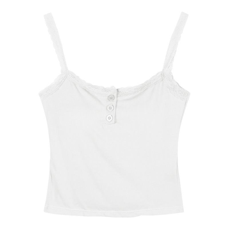 Elegancka Biała Koszulka na Ramiączkach z Koronkowym Wykończeniem, Wbudowane Miseczki Biustonosza, Piękny Tył, Kopertowy Dekolt, Bez Rękawów, Modelujący Sylwetkę, Styl Hot Girl