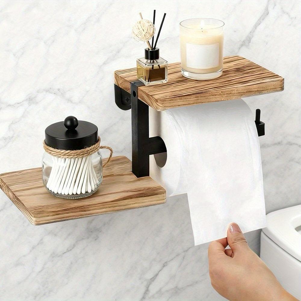 Wooden Wall Mounted Toilet Paper Holder Space Saving Stable Countertop Organizer High Load-bearing Toilet Paper Storage Rack