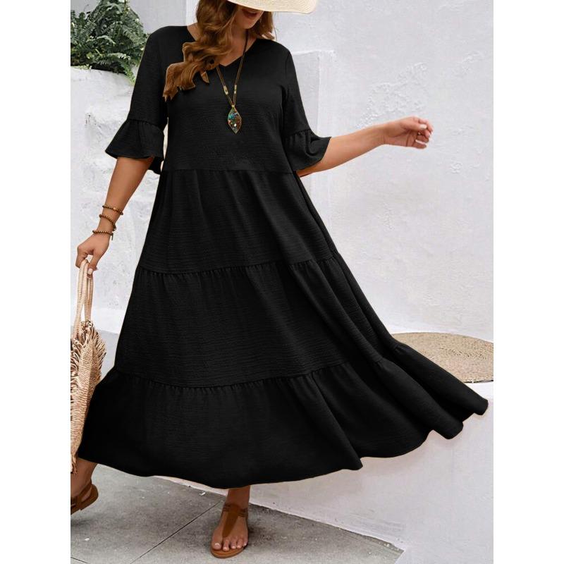 

DAFIFY Жіноча мода, літо, весна, суцільні повсякденні сукні з коротким рукавом і V-подібним вирізом із принтом і вільною талією XL чорний