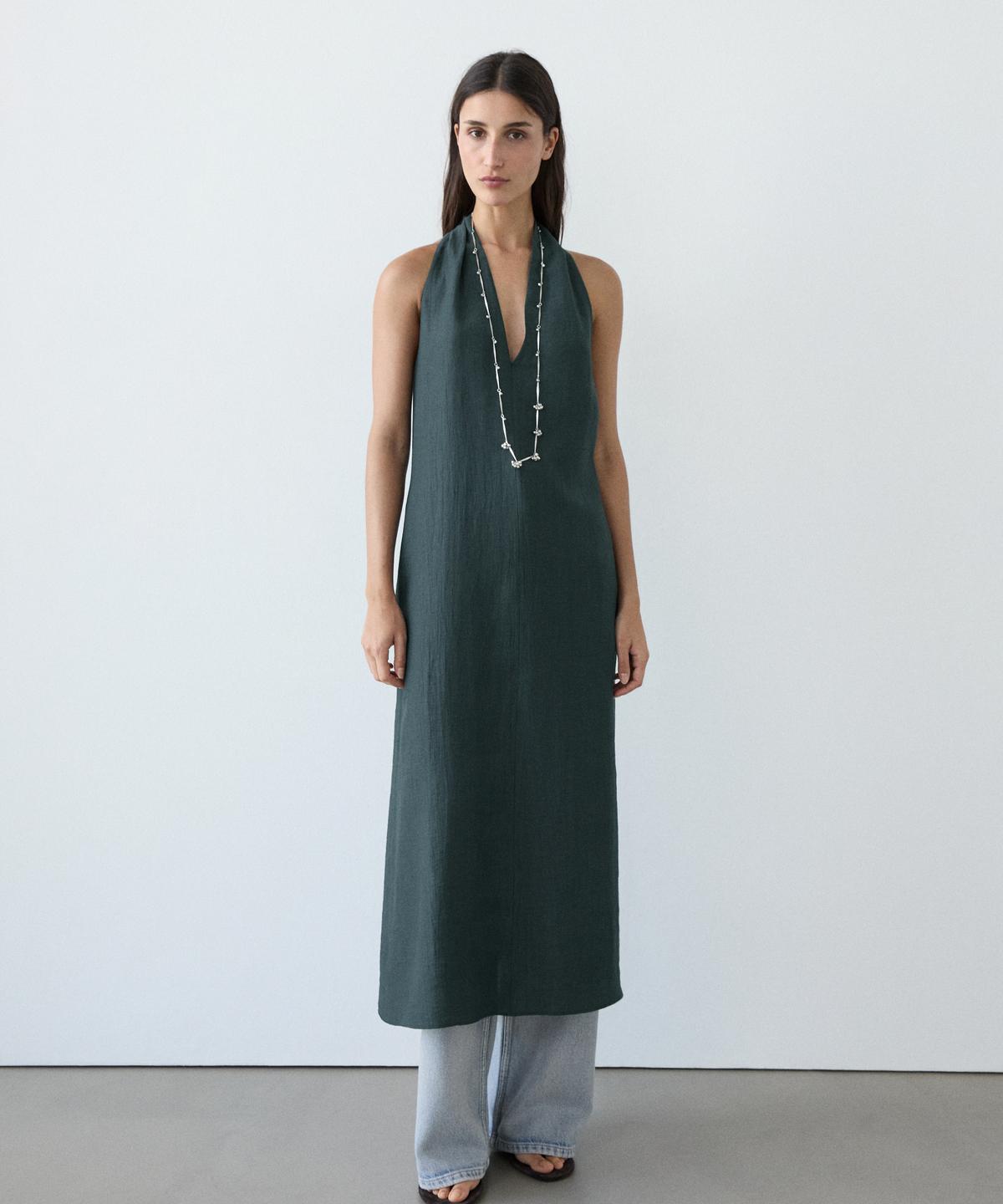 Masimodutti Linen V-Neck Midi Dress Dark