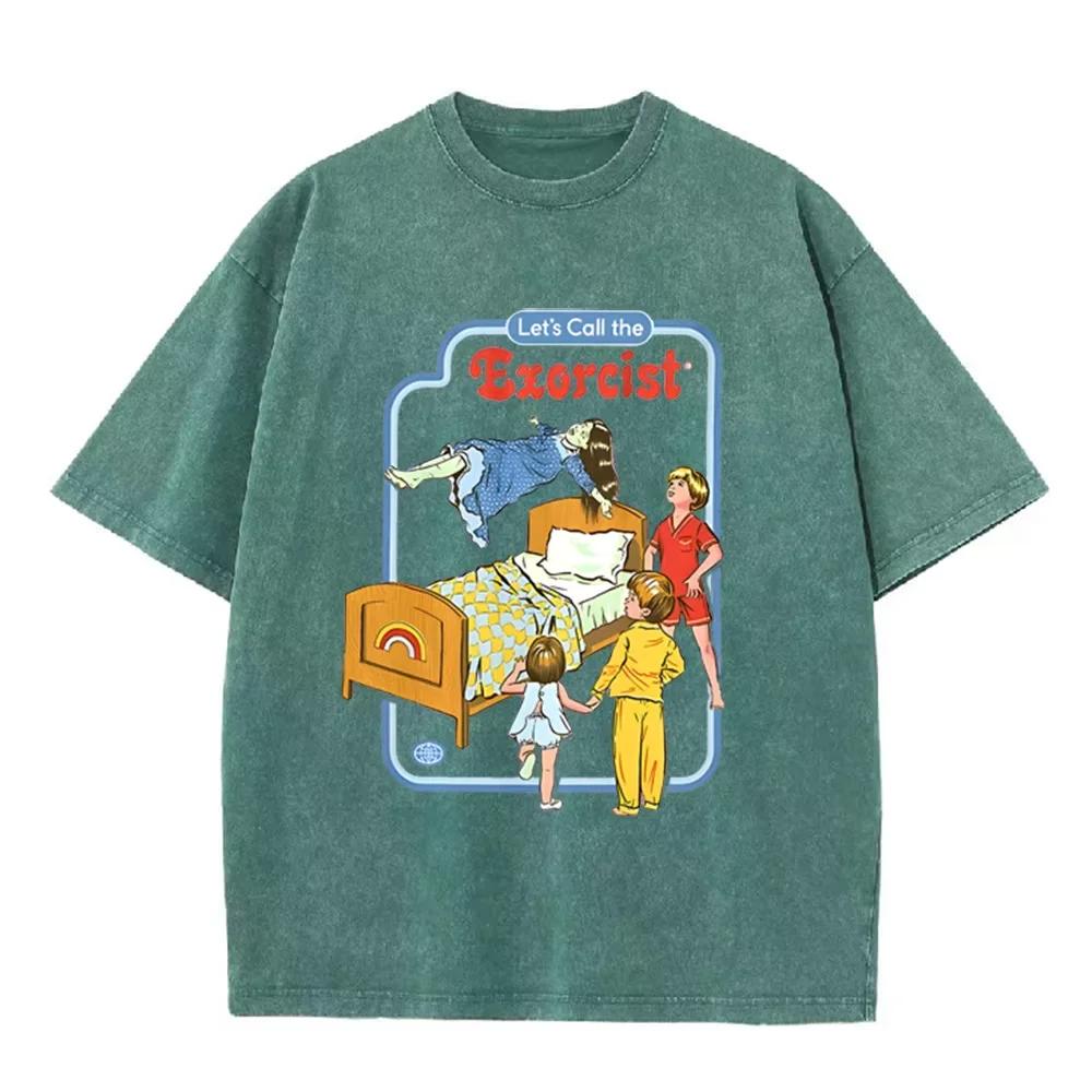 Retro Let s Call The Exorcist Print Vintage Washed Green Funny Horror T Shirt S разноцветный