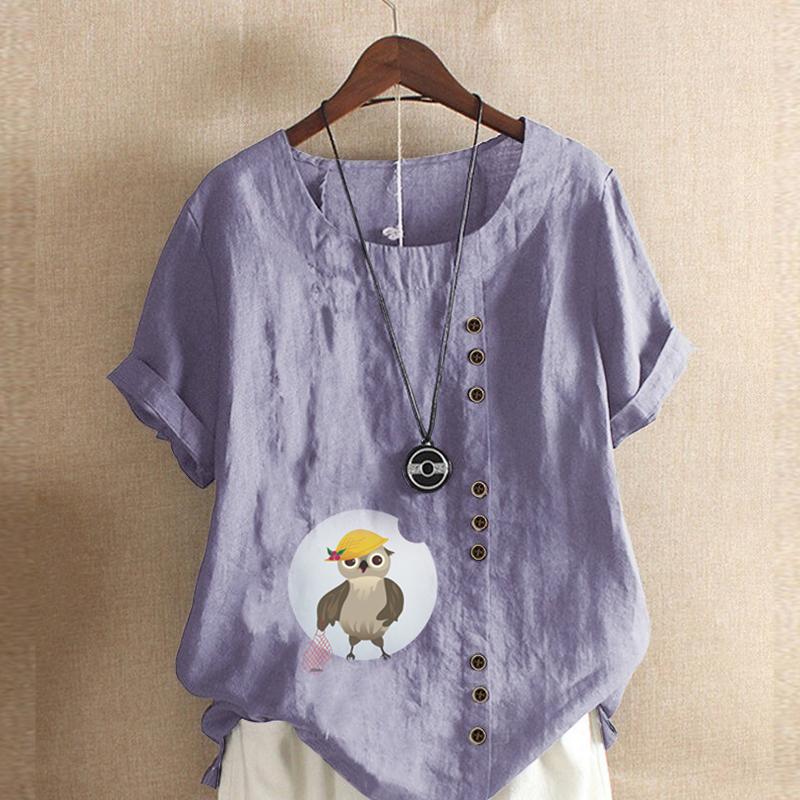 Women's Fashion Owl Prined Short Sleeve T-shirt Loose Cotton Shirt Casual Loose Summer Blouse Tops Plus Size