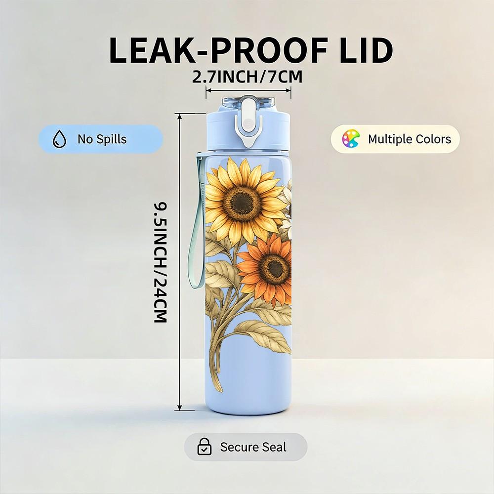 1PC Single Sunflower Watercolor Flower Print 750ml Color Plastic Sports Water Bottle Leakproof Flip Straw Lid Suitable for Sports Office Home Use
