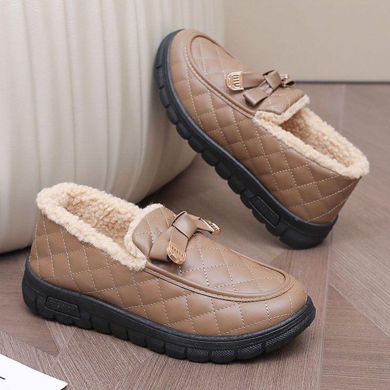 Women's Winter Non-Slip Velvet-Lined Leather Bean Cotton Shoes - Soft Sole, Waterproof, Warm, for Walking