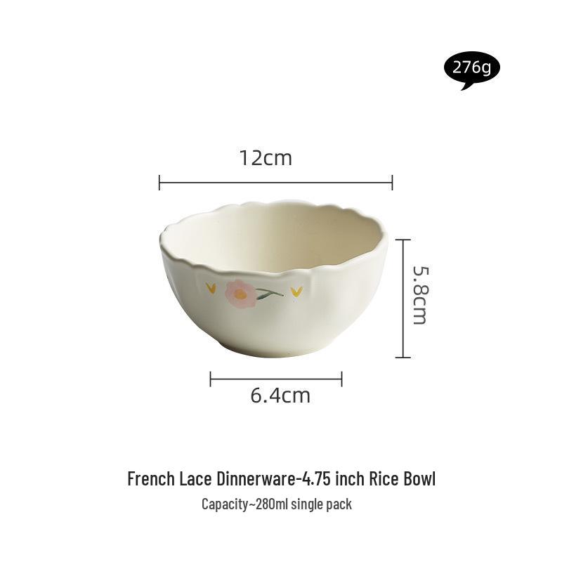 Hand-Painted Floral Tableware: French Countryside Plate & Lace Ceramic Rice Bowl