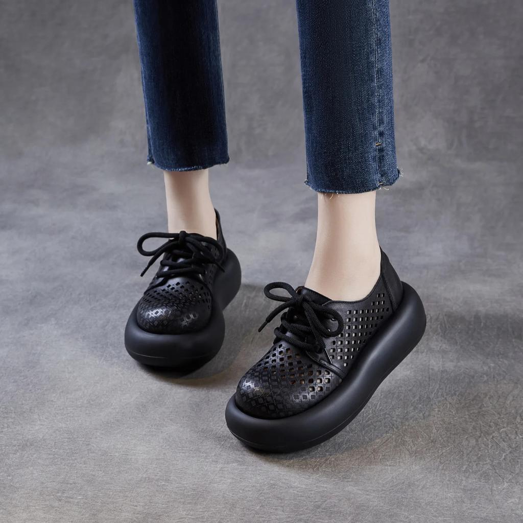 Johnature Hollow Out Thick Soled Shoes Genuine Leather Breathable Lace-up Women's Platform Sandals