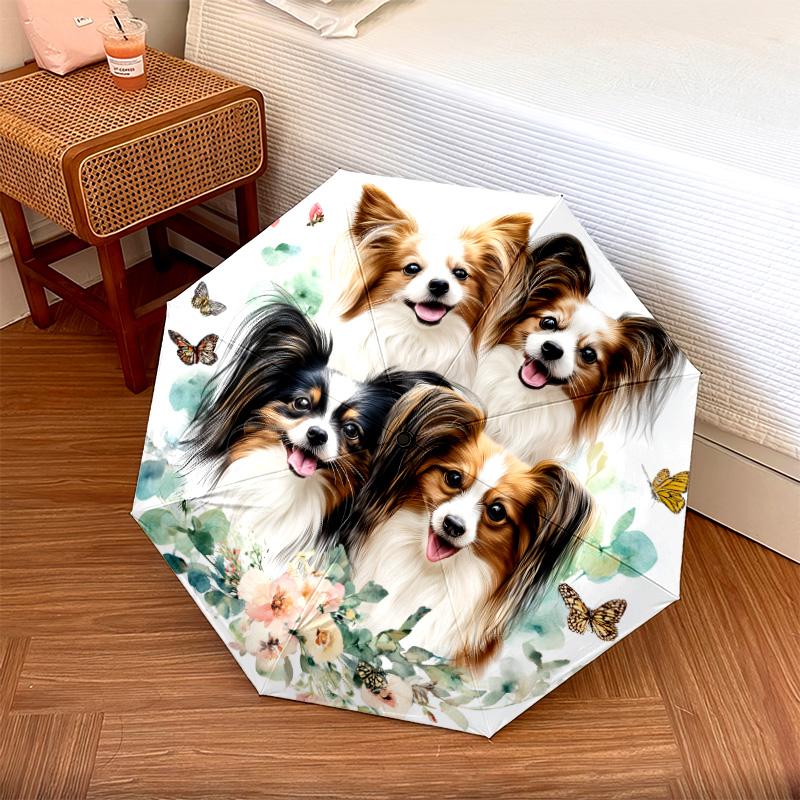Papillon with Tongue Sticking Out  Pattern, Automatic Folding Umbrella, Portable and Foldable Design, 8 Ribs, a Christmas or Birthday Gift.