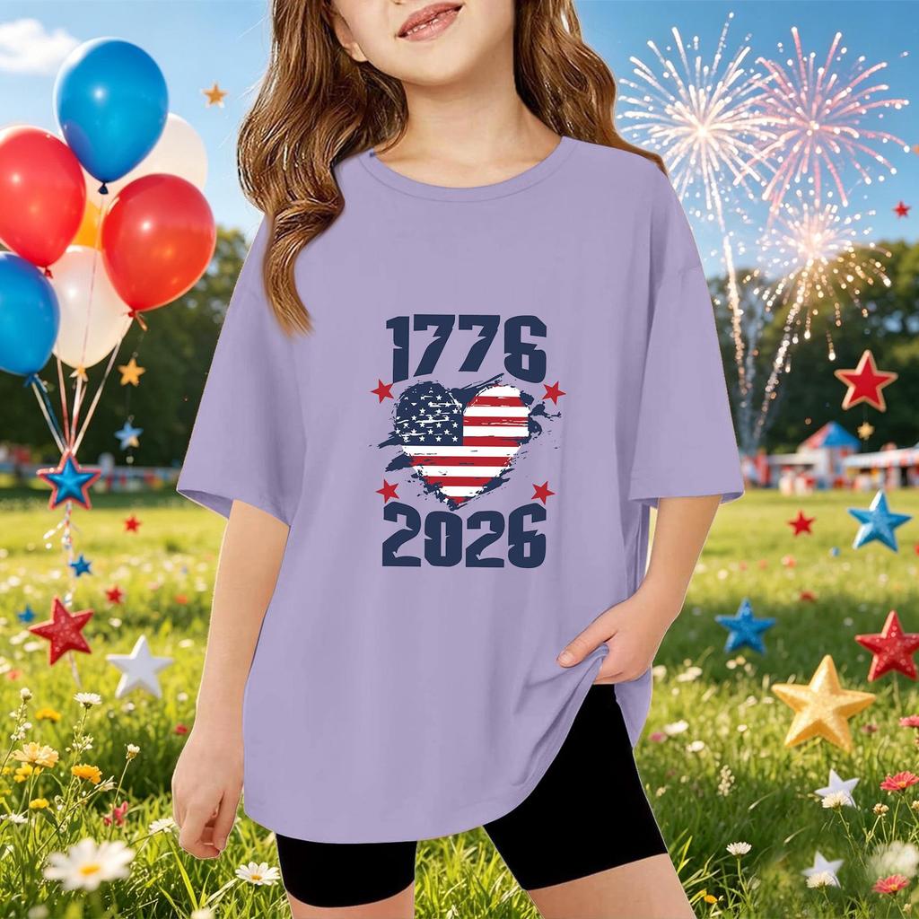 Kids Short Sleeve T Shirt Independence Day Print Top 1776 2026 Casual Fit Comfortable Cotton Blend Tee for Boys Girls