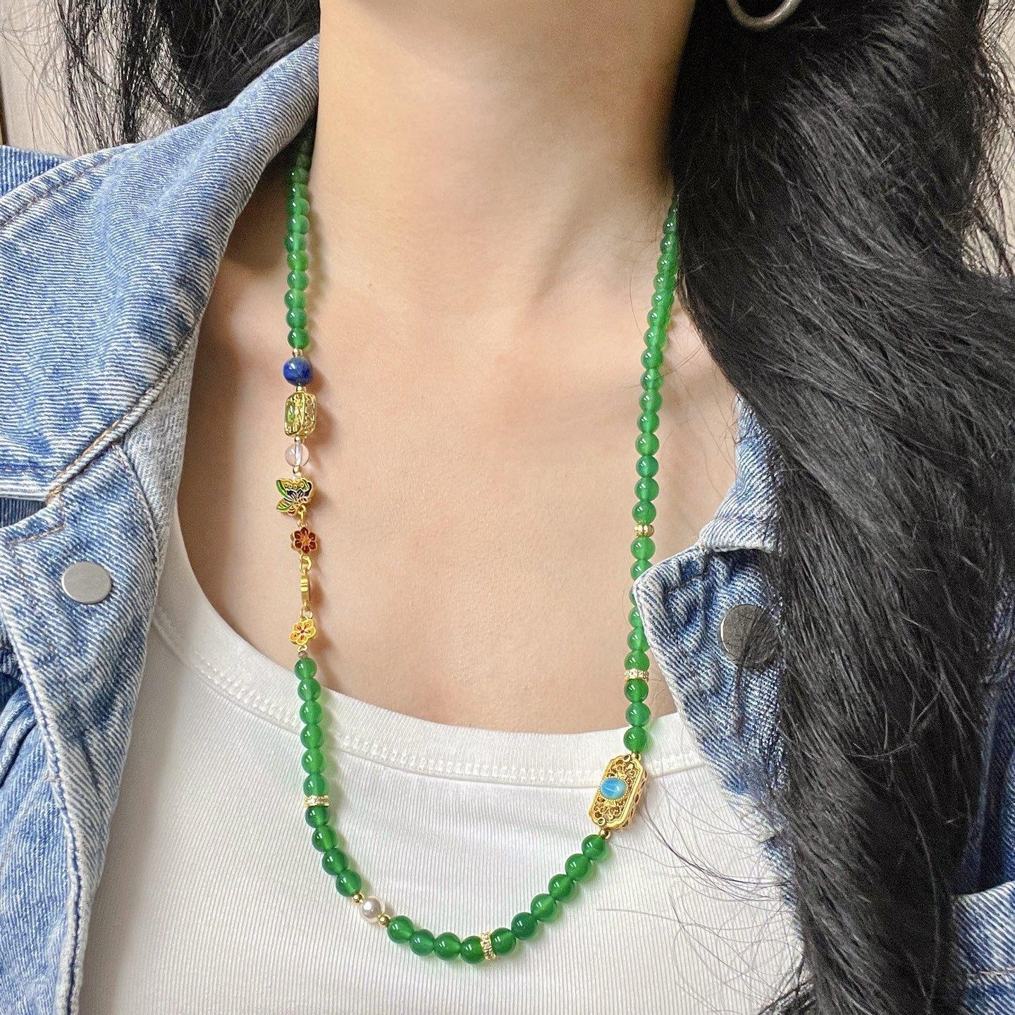 High Quality Ice Through Emperor Green Chalcedony Sweater Chain Chain Necklace Collarbone Chain