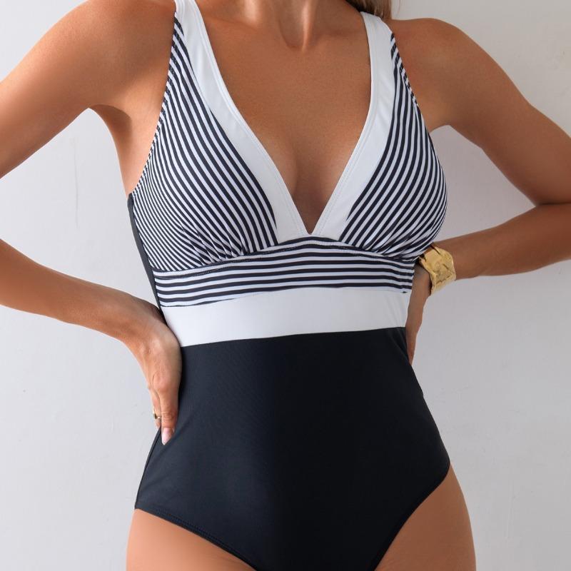 

European and American New Sexy Backless Striped Splicing One-piece Swimsuit Women s Slimming Swimsuit S