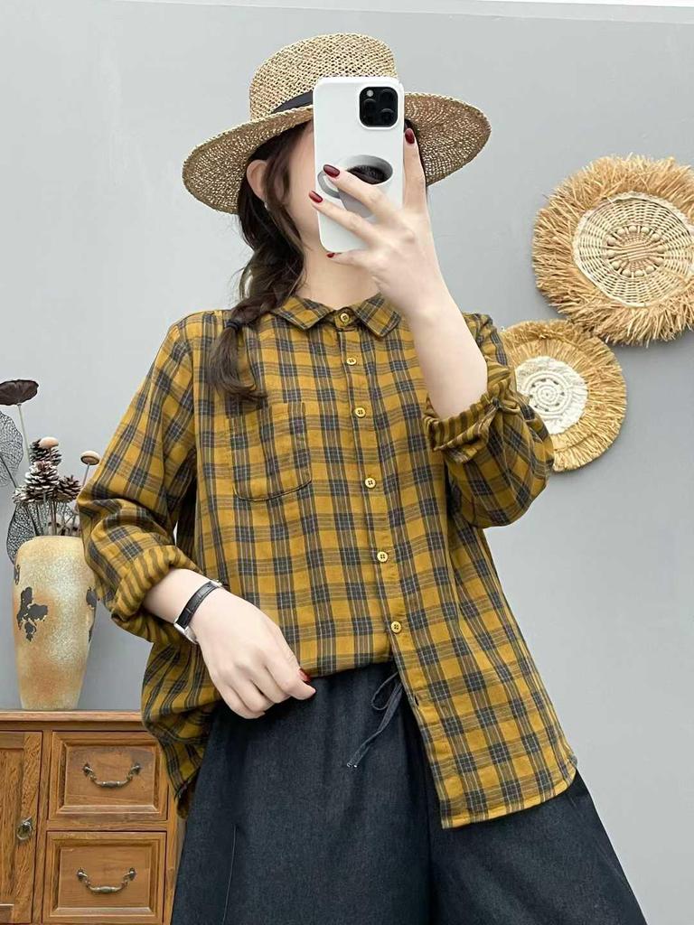 Authentic Cotton Double-Layer Gauze Plaid Shirt for Women - Long Sleeve, Loose, Versatile, Retro Style