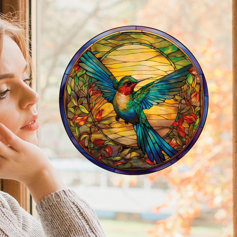 Retro Colorful Hummingbird Iris Window Glass Electrostatic Sticker Detachable Decorative Film Home Decoration