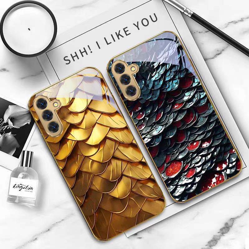 Golden scale texture For Samsung A 01 52S 04 04e 05 10 12 13 A22 23 24 36 42 M02 Note 10 20Ultra 8 9 Golden glass phone case