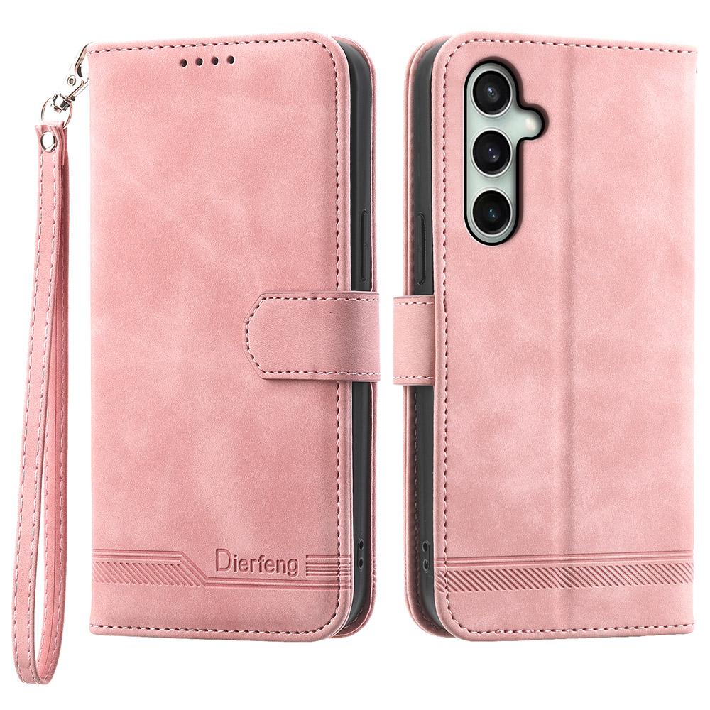 

DIERFENG DF-03 For Samsung Galaxy S25 FE Case Lines Imprint Wallet Leather Phone Cover with Wrist Strap Pink