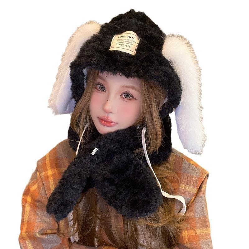 Cute Plush Rabbit Ear Hat for Women In Autumn and Winter Thick Pullover Hat Ear Protection and Warmth Lei Feng Hat Scarf Integrated Hat