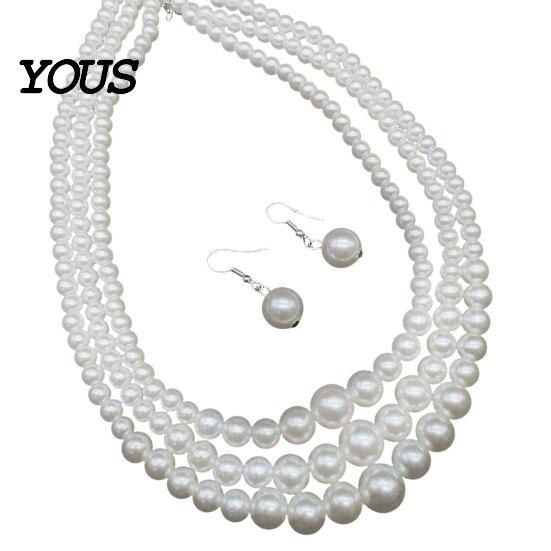 Comfortable Wear Earrings 2Pcs/Set Women Jewelry Gift, Three-Layer Imitation Pearl Choker Necklace Retro Style Set And Hook Earrings, Adjustable Chain