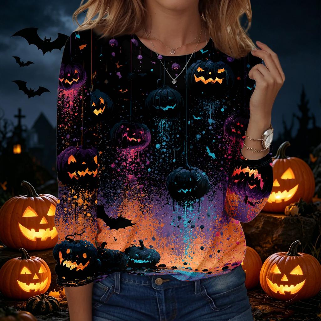 Women's Long Sleeve Casual Halloween Print Pullover Sweatshirt Round Neck Comfortable Fit Seasonal Top for Autumn Winter