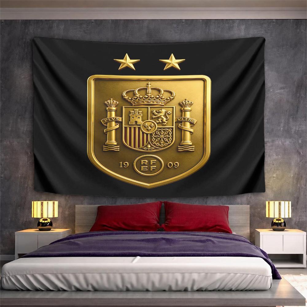 Spain National Football Team Golden Crest Wall Tapestry RFEF 1909 Crown Lions Two Stars Fan Decor for Man Cave Bedroom Gift