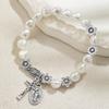 1 piece of retro fashion alien imitation pearl flower bracelet with cross, Jesus tag, tassel, unisex, versatile for daily wear