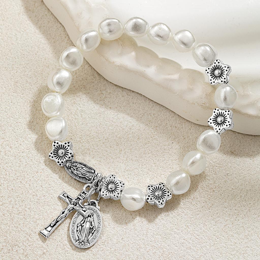 1 piece of retro fashion alien imitation pearl flower bracelet with cross, Jesus tag, tassel, unisex, versatile for daily wear