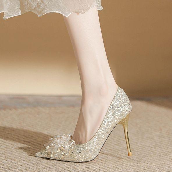 Beautiful Pointed Head Shallow Mouth Stiletto High Heels Women's Spring and Summer New Fashion Versatile Comfortable Bow Single Shoes