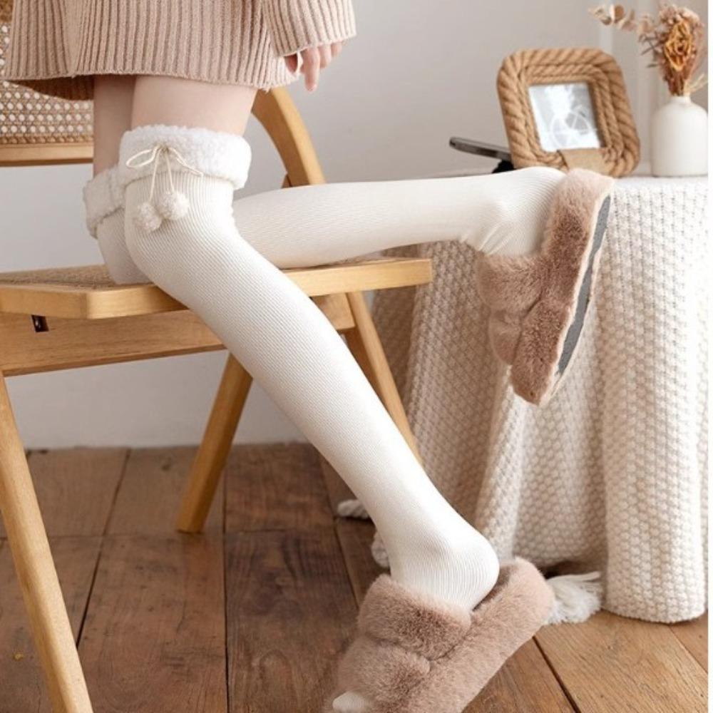 1 Pair Wool Ball Knee High Socks Vertical Stripe Plush Stockings Cute Over Knee Socks Women Girl